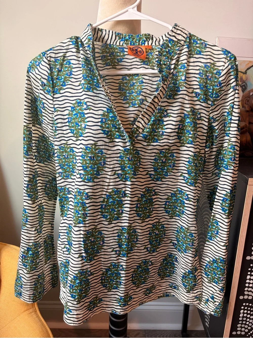 Tory Burch Orange Logo Tag on Blue & Green Floral Stripe Top